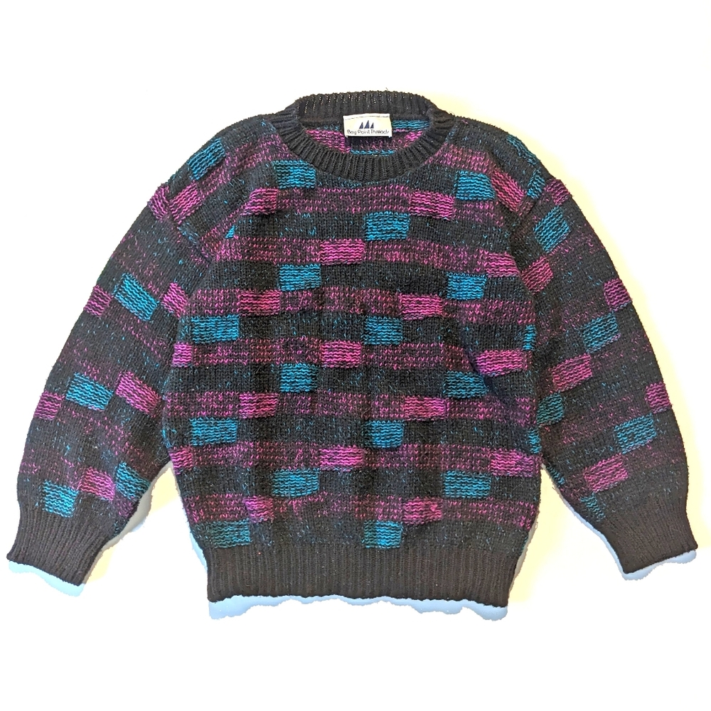 Vintage Bay Point Traders Checkered Sweater Black Pink Teal